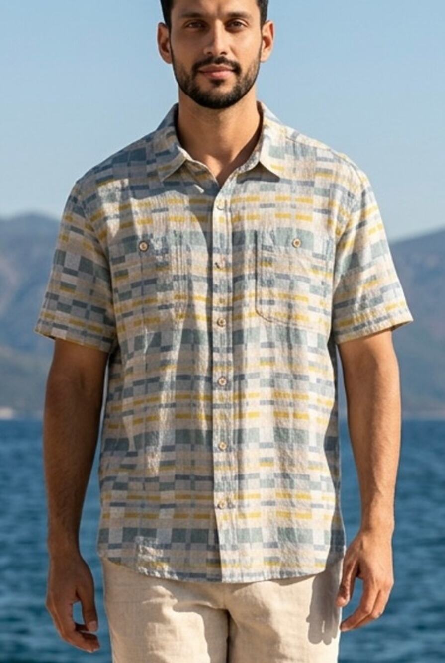 Organic Cotton Linen Blue Yellow Mens Camp Shirt Size XL Textured Check Print